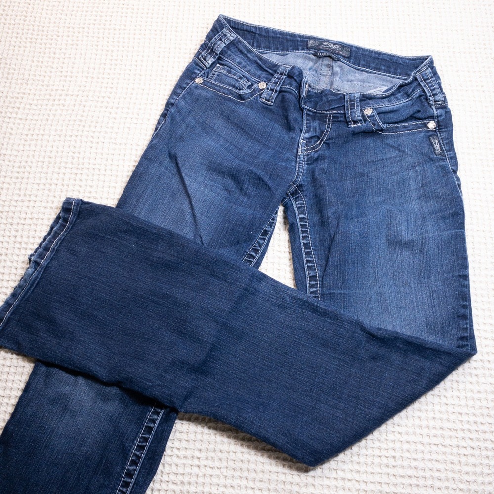 Silver Jeans Co Tuesday Low Rise Slim Bootcut Jeans Dark Wash W27 L31 Rhinestone